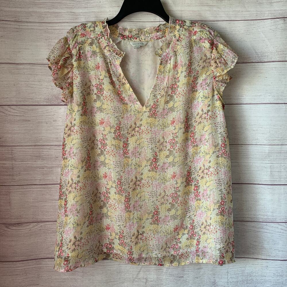 Lucky Brand Floral Flutter Sleeve Blouse with Gold Metallic Stripes Size 1X